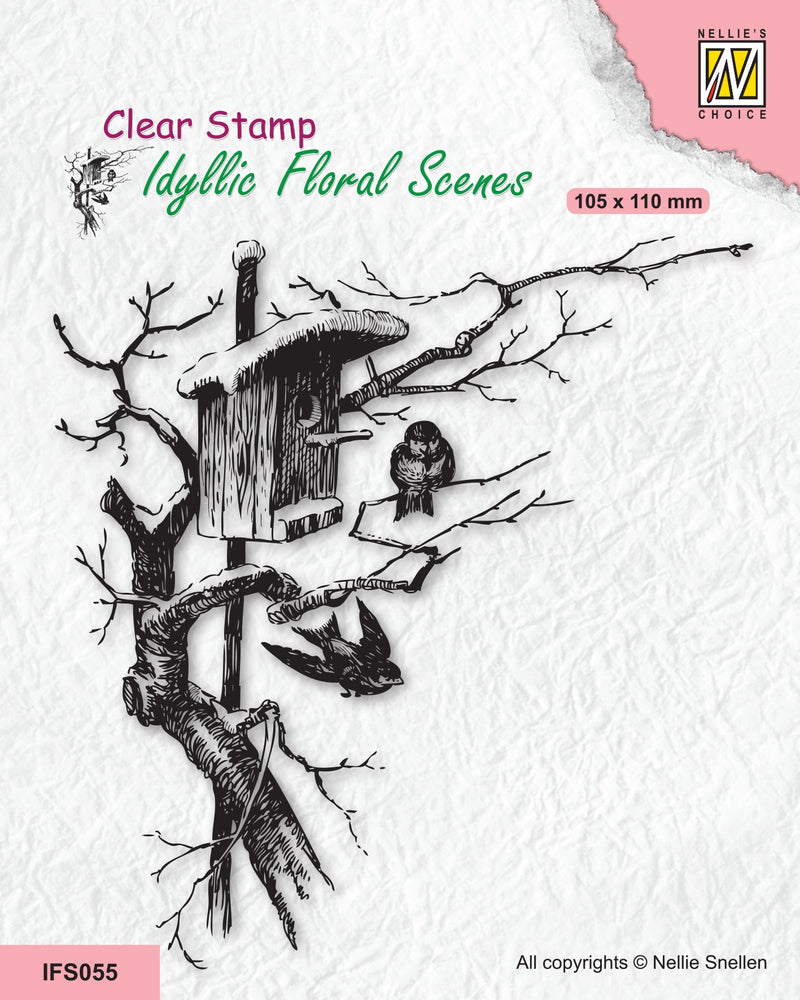 Nellie's Choice Clear Stamp Idyllic Floral Scene - Nesting Box With Birds-1