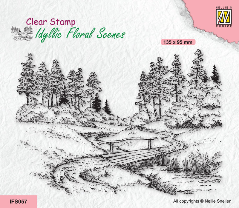 Nellie's Choice Clear Stamp Idyllic Floral Scene - Stream With Bridge-1