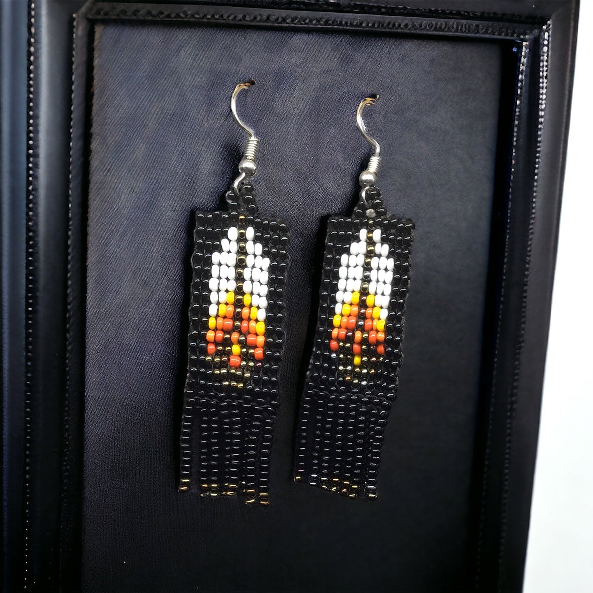Black Beaded Feather Earrings-2