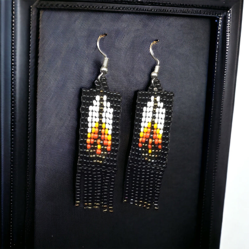 Black Beaded Feather Earrings-2