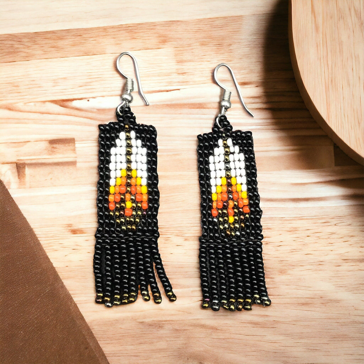 Black Beaded Feather Earrings-1