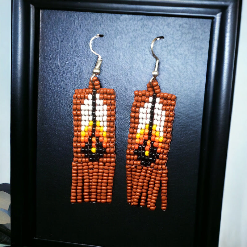 Maroon Beaded Feather Earrings-2