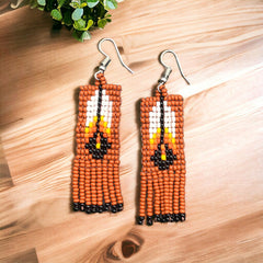 Maroon Beaded Feather Earrings-1