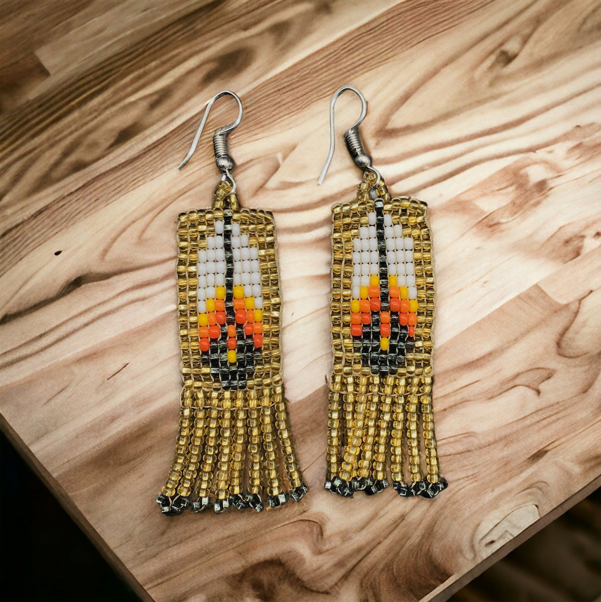 Golden Beaded Feather Earrings-1