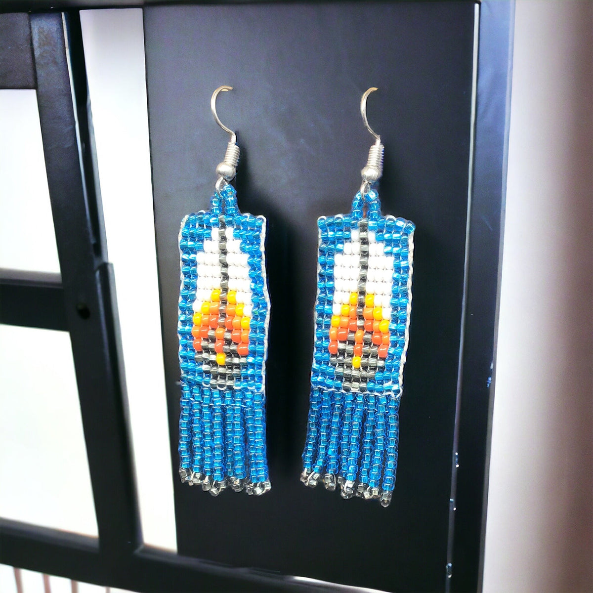 Electric Blue Beaded Feather Earrings-2