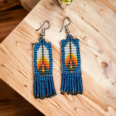 Electric Blue Beaded Feather Earrings-1