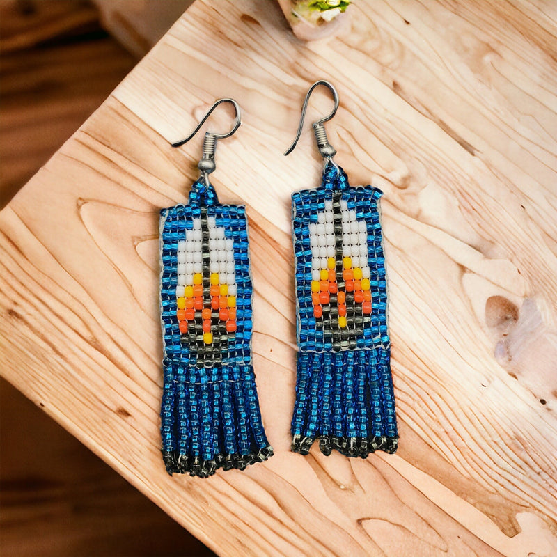 Electric Blue Beaded Feather Earrings-1