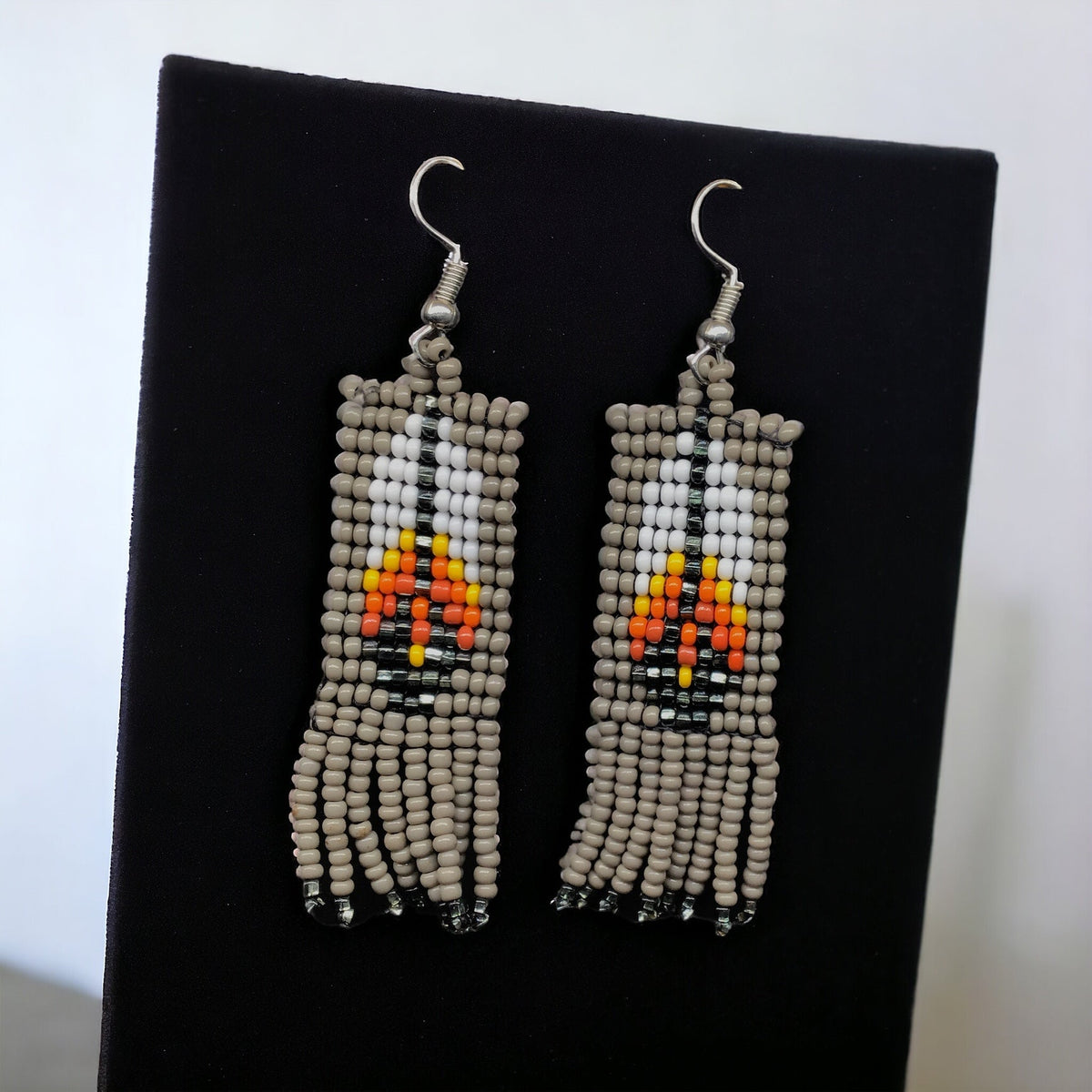 Grey Beaded Feather Earrings-2