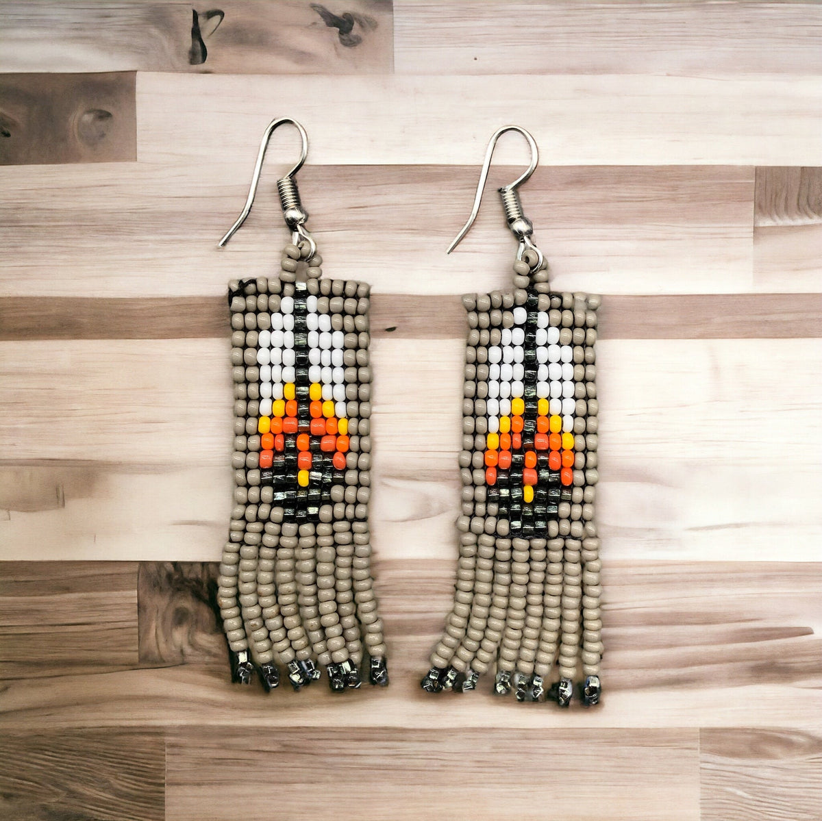 Grey Beaded Feather Earrings-1