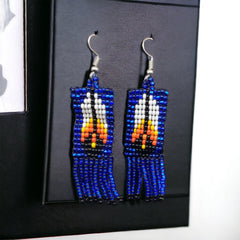 Dark Blue Beaded Feather Earrings-2
