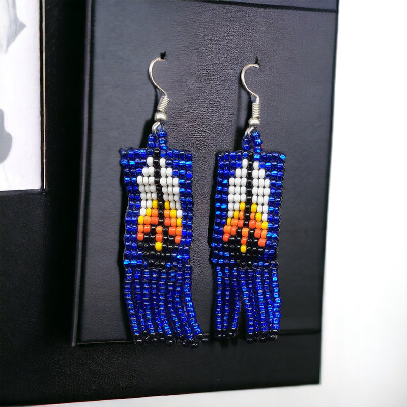 Dark Blue Beaded Feather Earrings-2