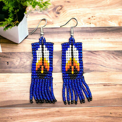 Dark Blue Beaded Feather Earrings-1
