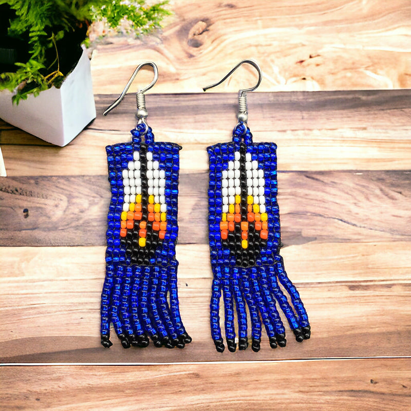 Dark Blue Beaded Feather Earrings-1