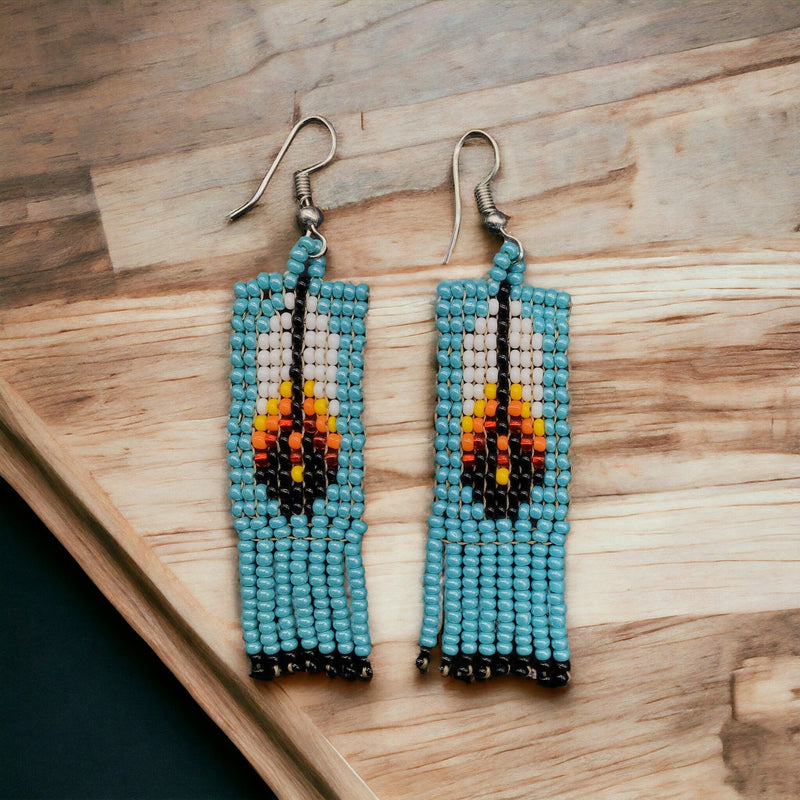 Turquoise Beaded Feather Earrings-1