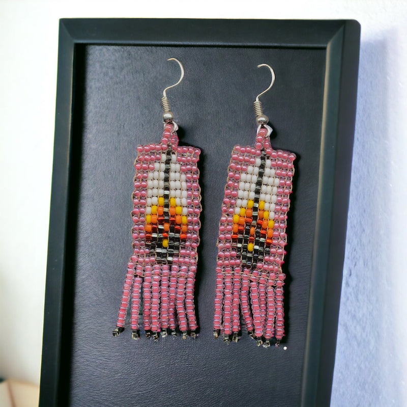 light Pink Beaded Feather Earrings-2