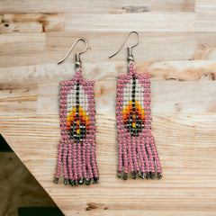 light Pink Beaded Feather Earrings-1