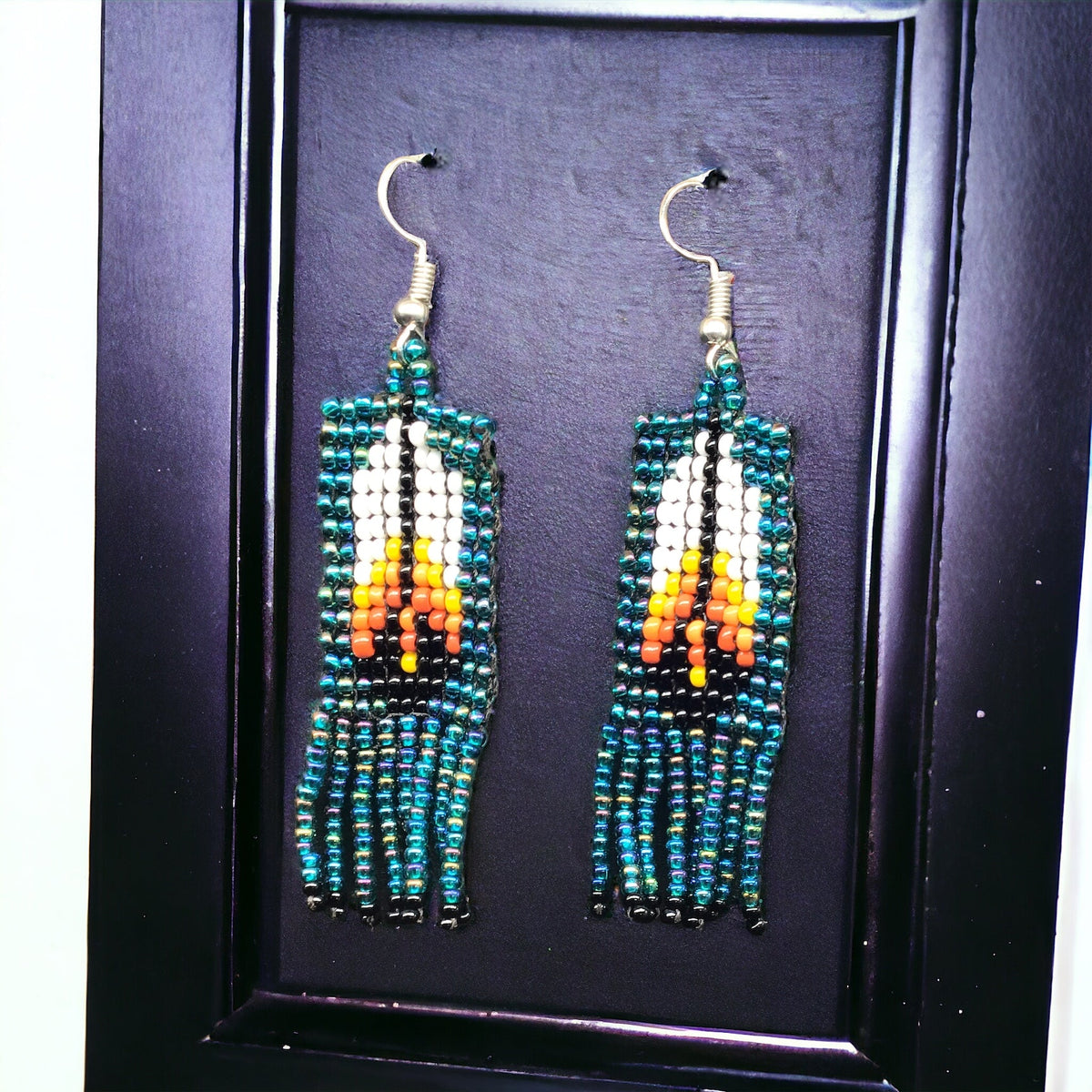 Green Beaded Feather Earrings-2