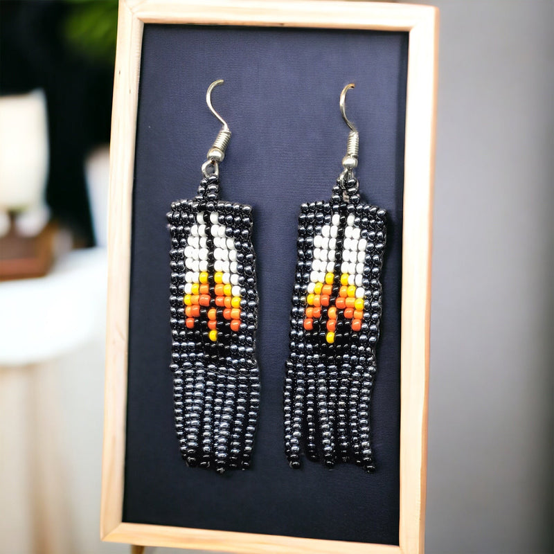 Electric Black Beaded Feather Earrings-2