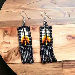 Electric Black Beaded Feather Earrings-1
