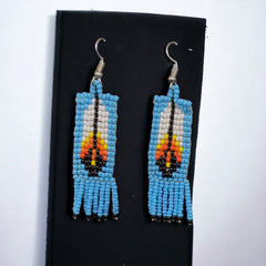 Sky Blue Beaded Feather Earrings-2