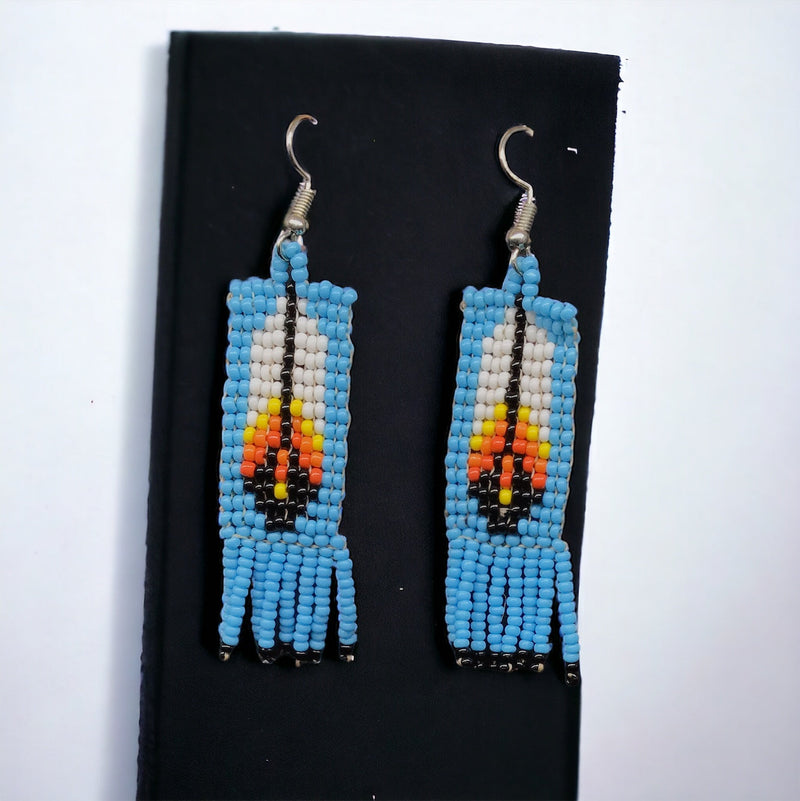 Sky Blue Beaded Feather Earrings-2