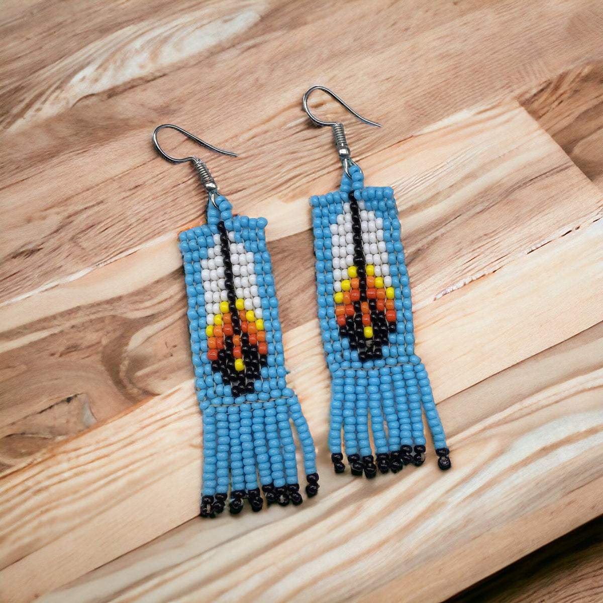 Sky Blue Beaded Feather Earrings