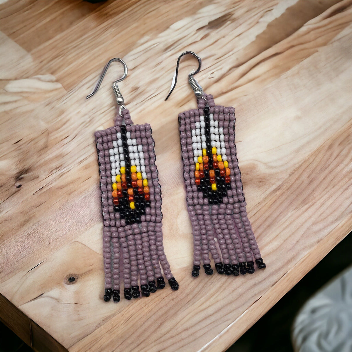 Pinkish Grey Beaded Feather Earrings