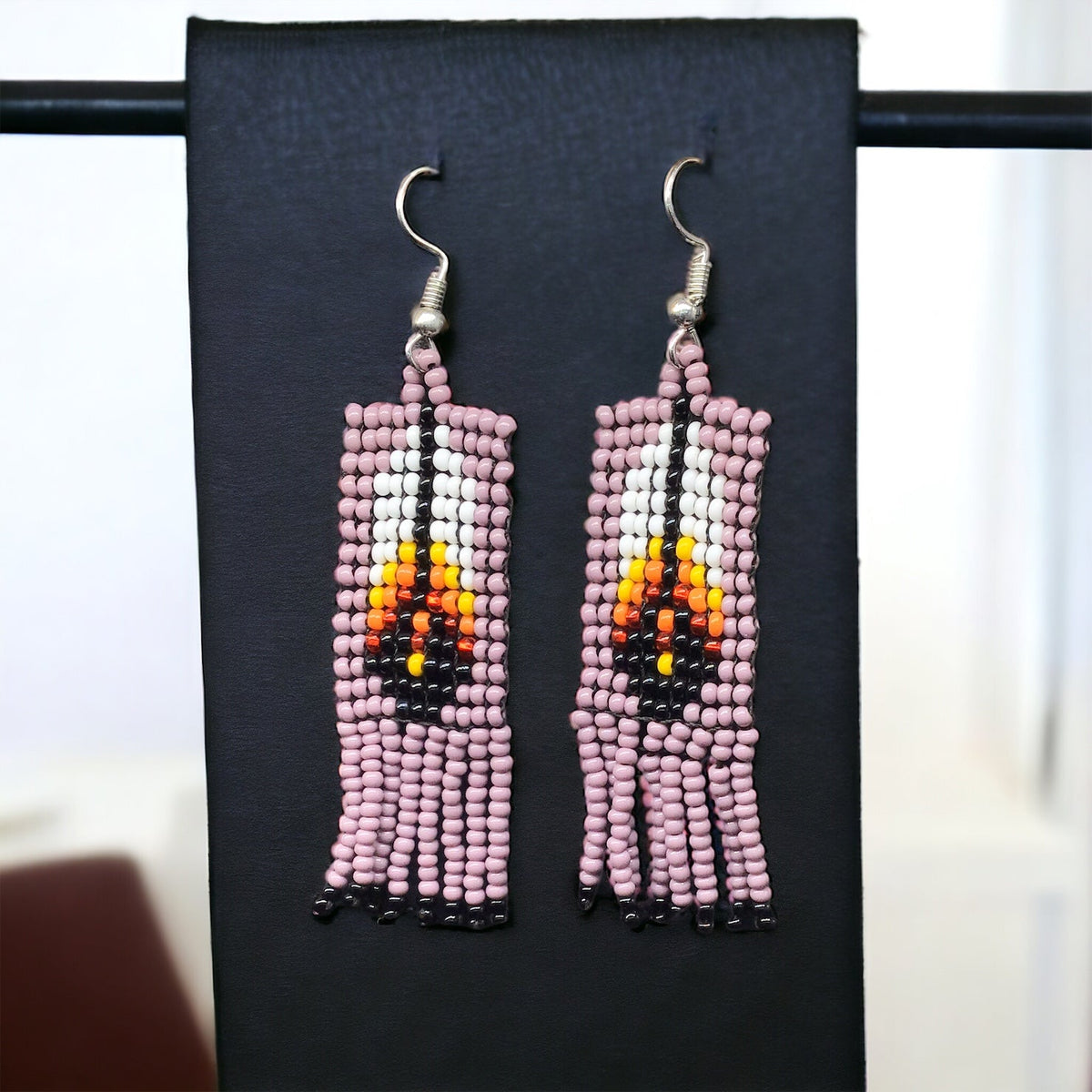 Pinkish Grey Beaded Feather Earrings-2