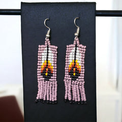 Pinkish Grey Beaded Feather Earrings-2