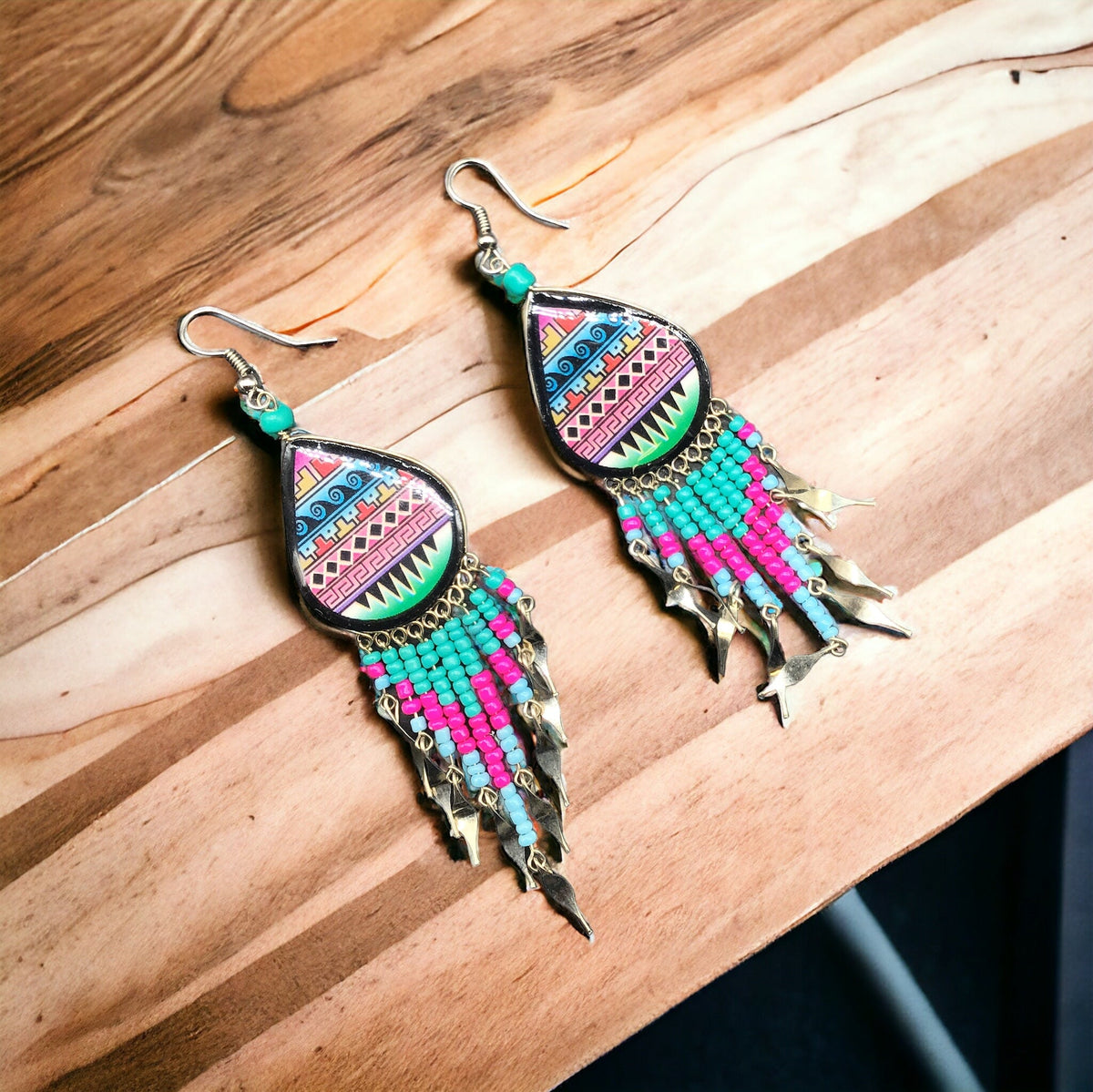 Southwestern Painted Pink and Green Earrings-2