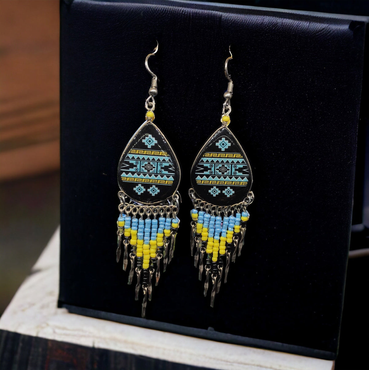 Southwestern Painted Blue and Black Earrings-1