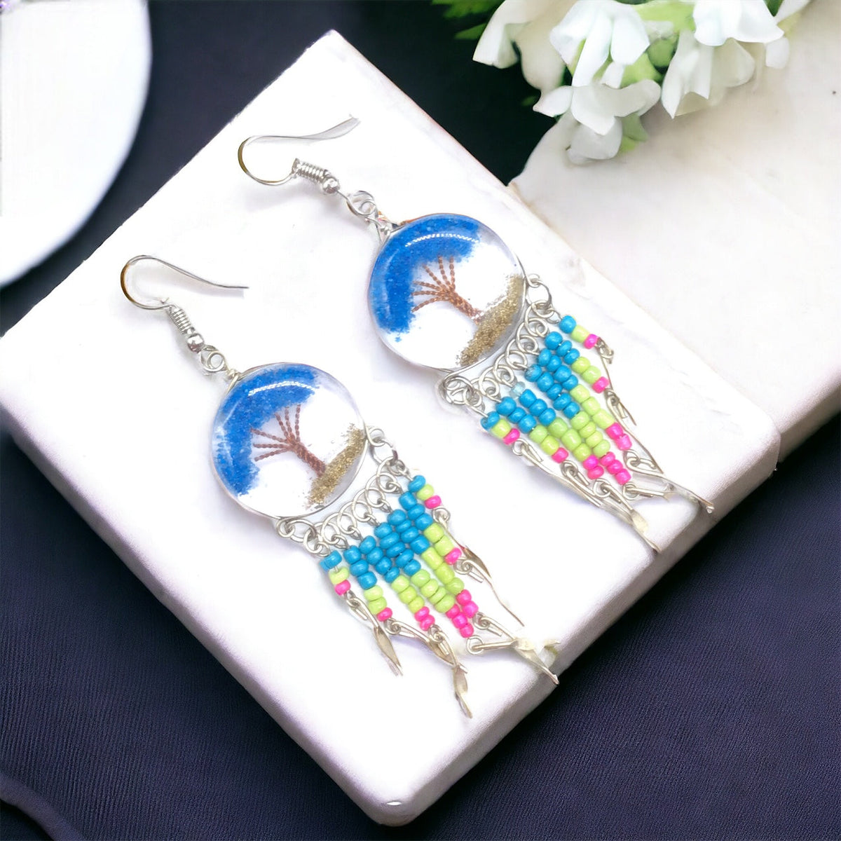 Tree of life Crushed Chip Stone Blue Earring-2