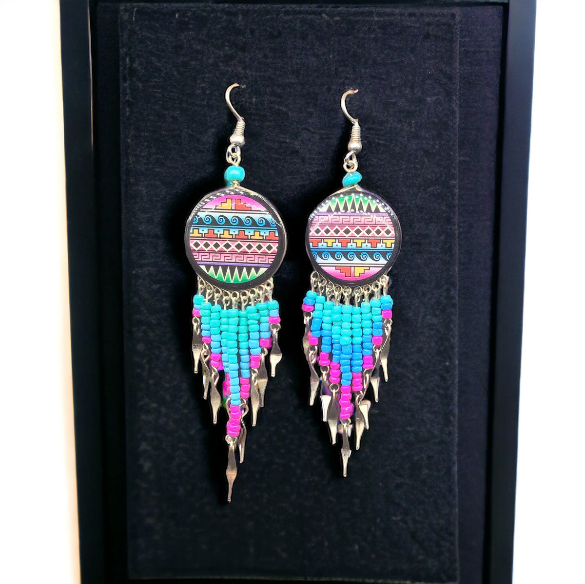 Southwestern Round Green and Pink Earrings