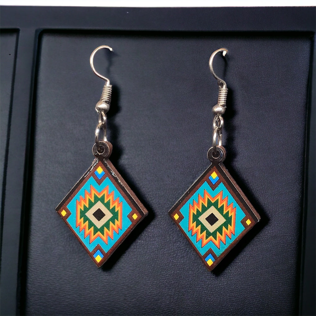 Painted Turquoise and Green Wood Earrings with Diamond shape