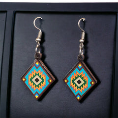 Painted Turquoise and Green Wood Earrings with Diamond shape-1