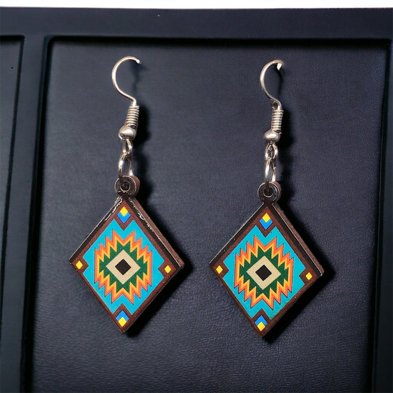 Painted Turquoise and Green Wood Earrings with Diamond shape-1
