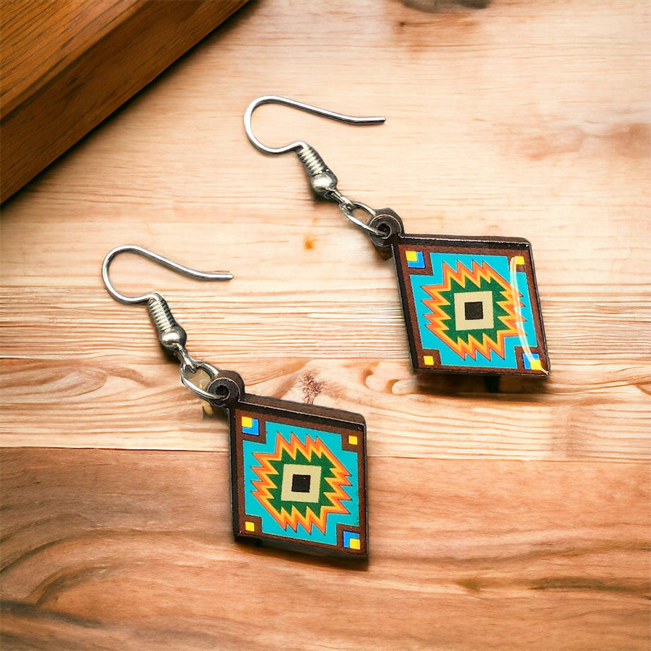 Painted Turquoise and Green Wood Earrings with Diamond shape-2
