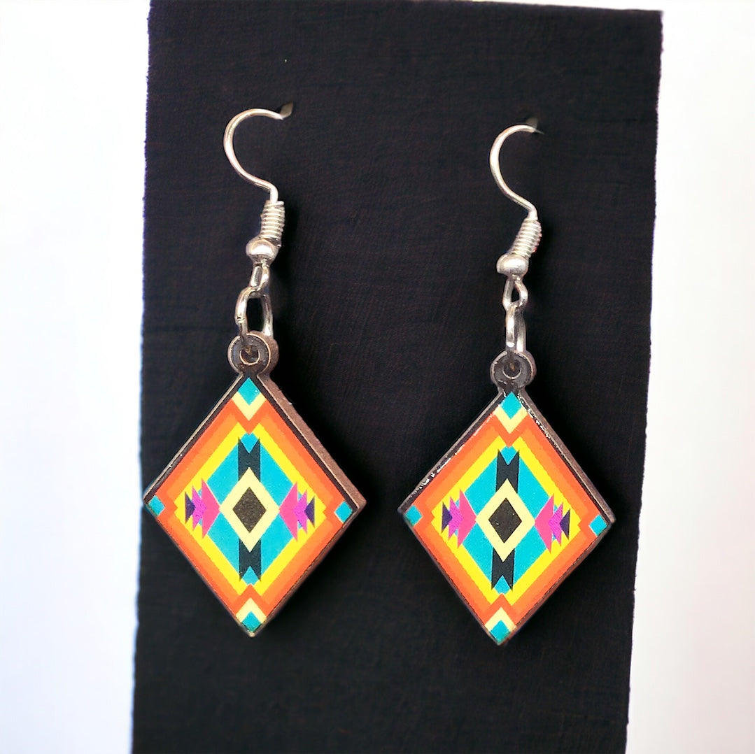 Painted Red and Green Wood Earrings with Diamond shape-1