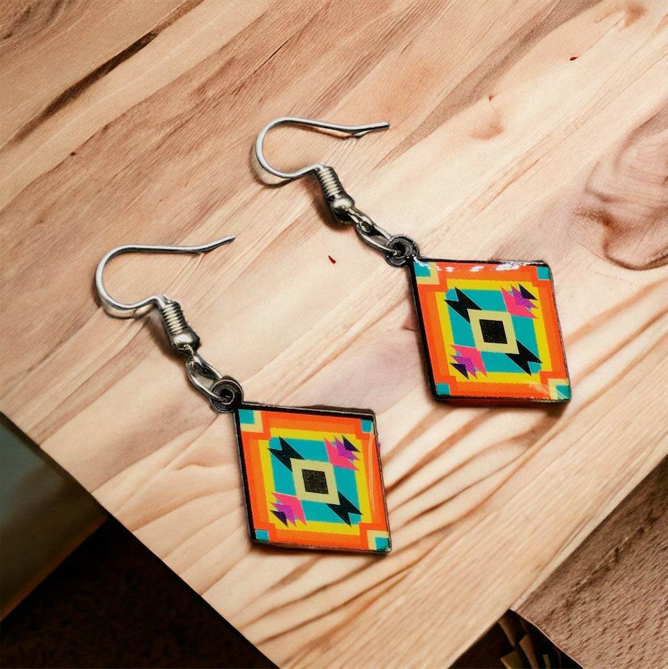 Painted Red and Green Wood Earrings with Diamond shape-2
