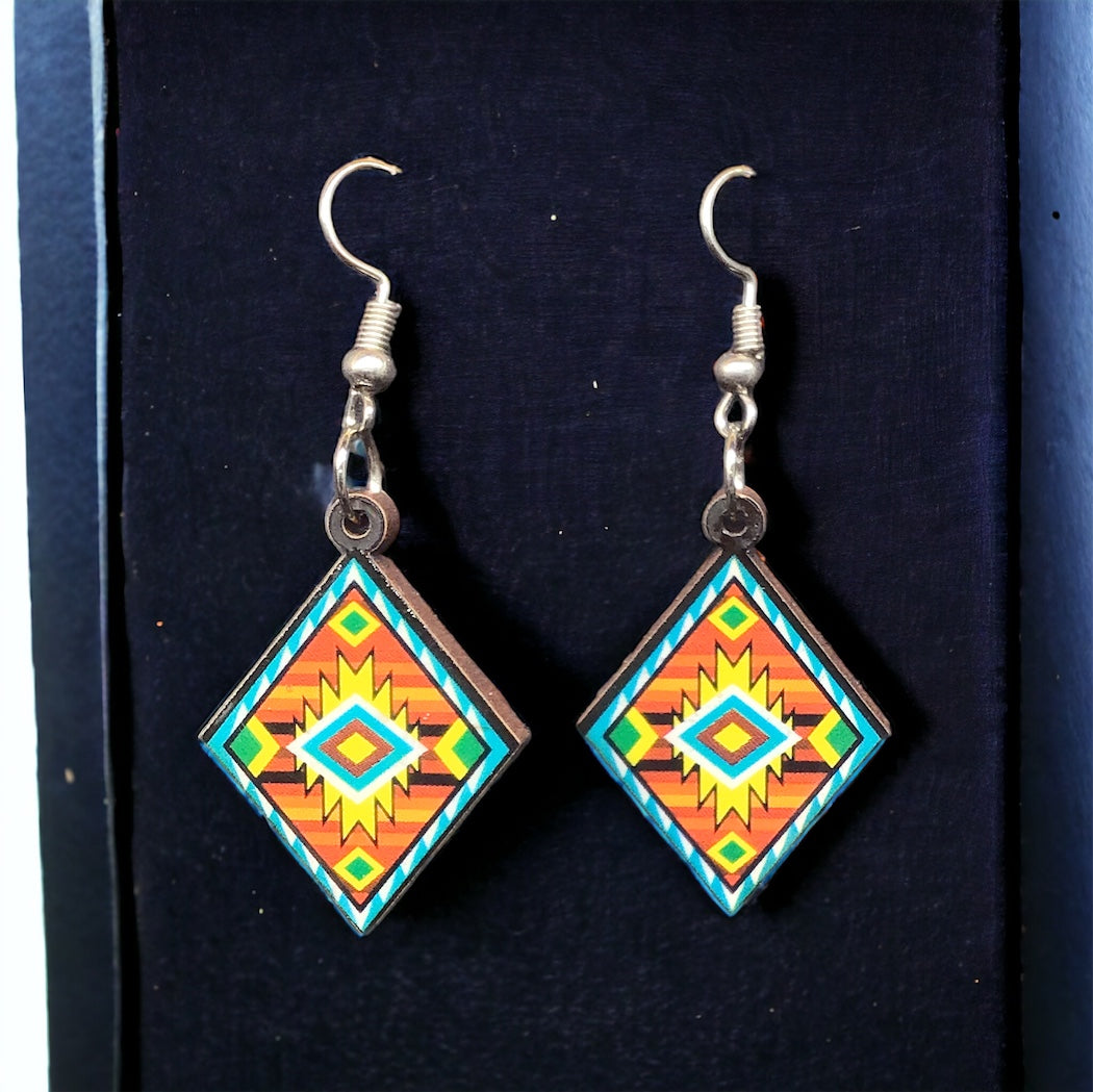 Painted Red and Yellow Wood Earrings with Diamond shape-1