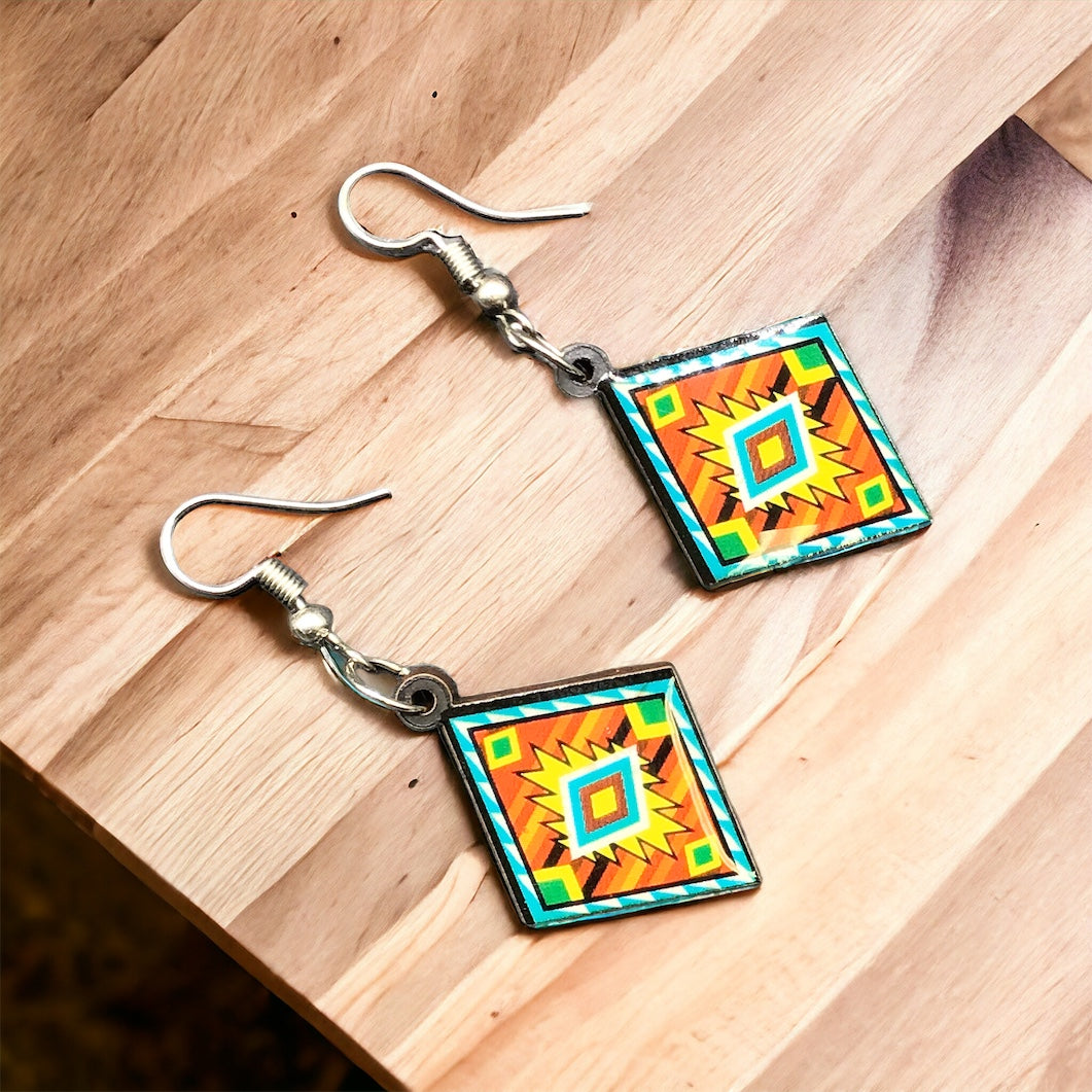 Painted Red and Yellow Wood Earrings with Diamond shape-2