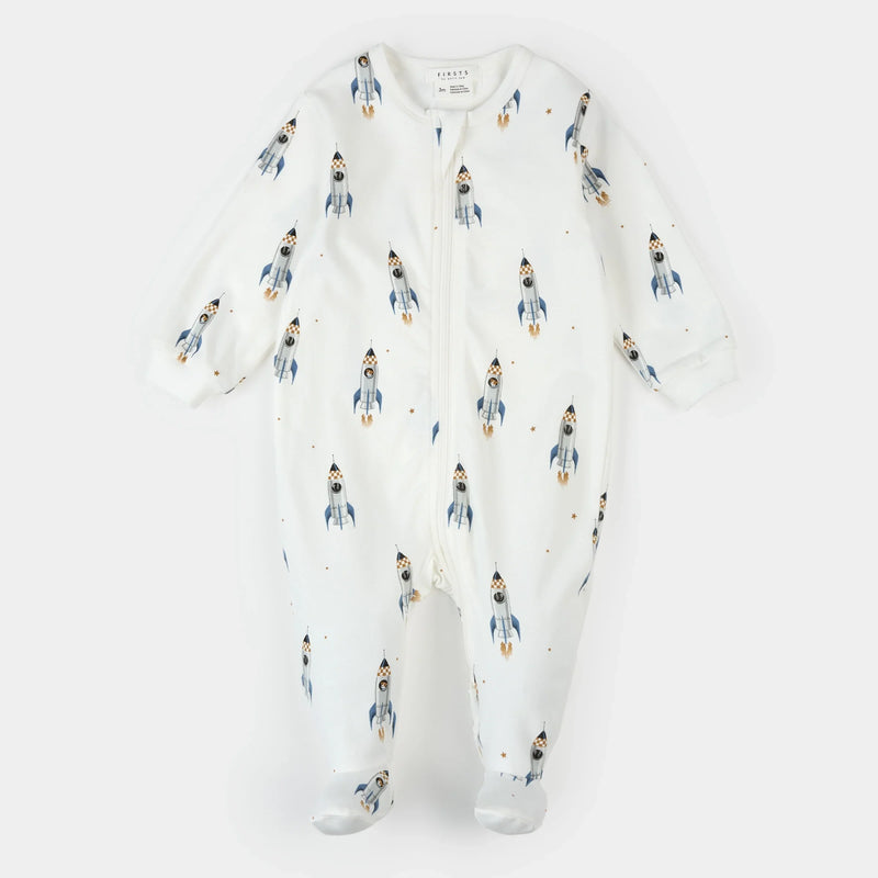 Rocket Print on Off White Footed Sleeper | Petit Lem-1