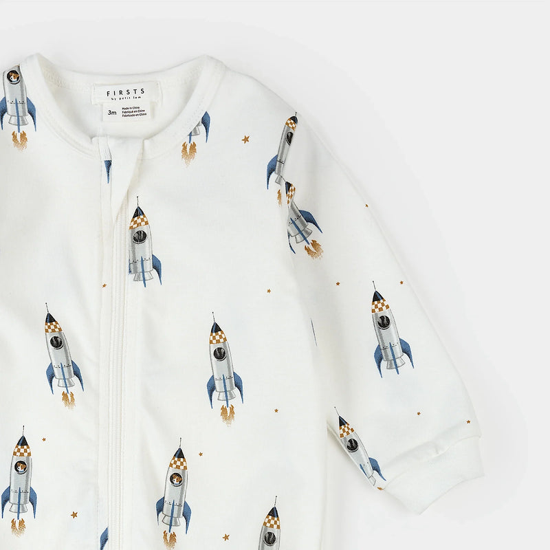 Rocket Print on Off White Footed Sleeper | Petit Lem-3