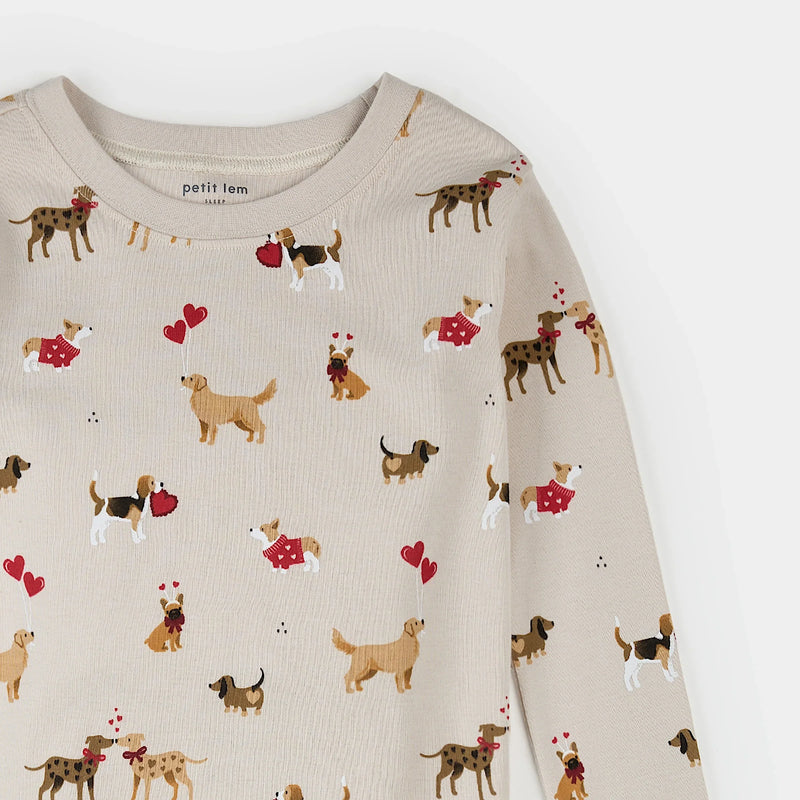 Puppy Love Print on Beige PJ Set | Petit Lem-3