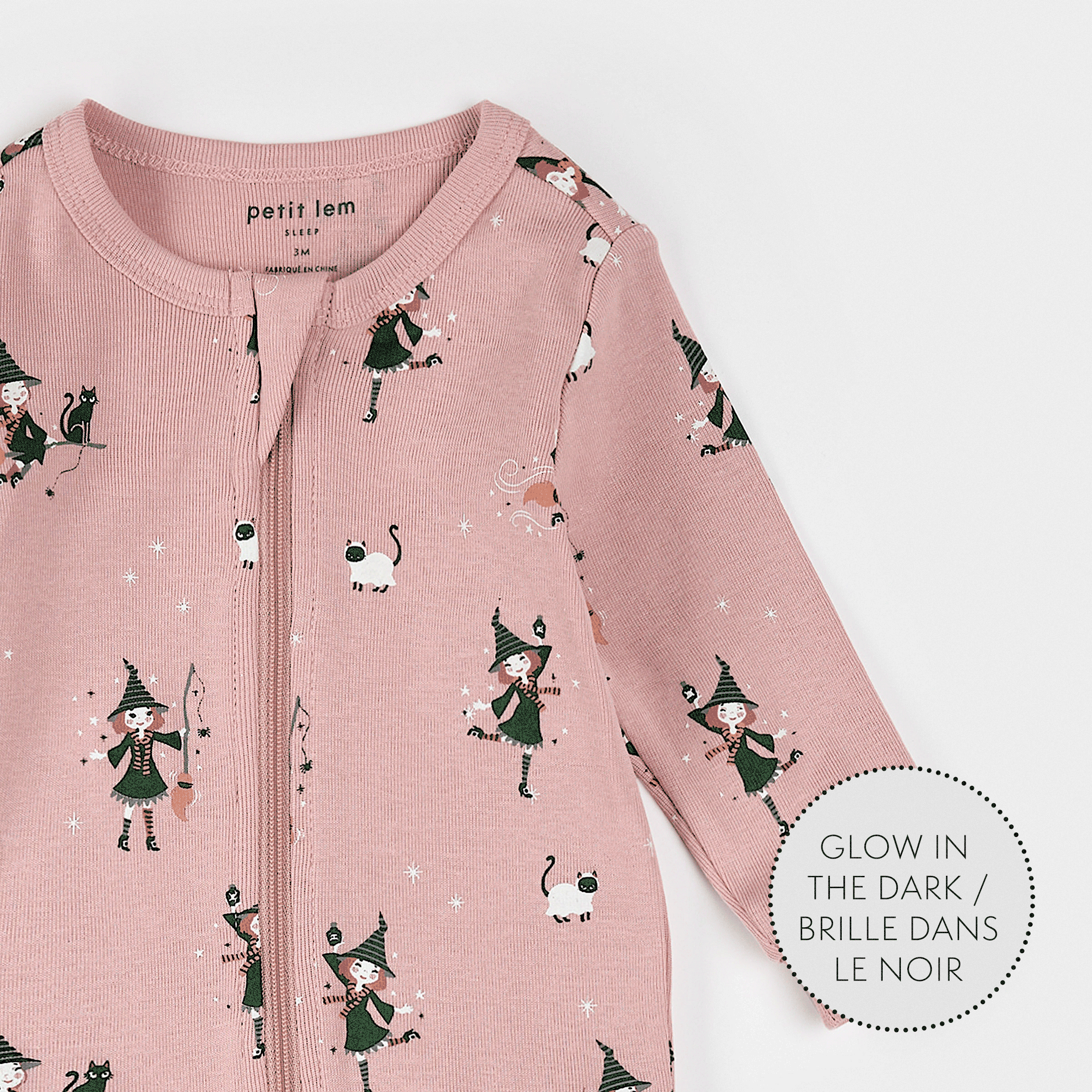 Witch Glow in the Dark Print on Pink Sleeper | Petit Lem-2