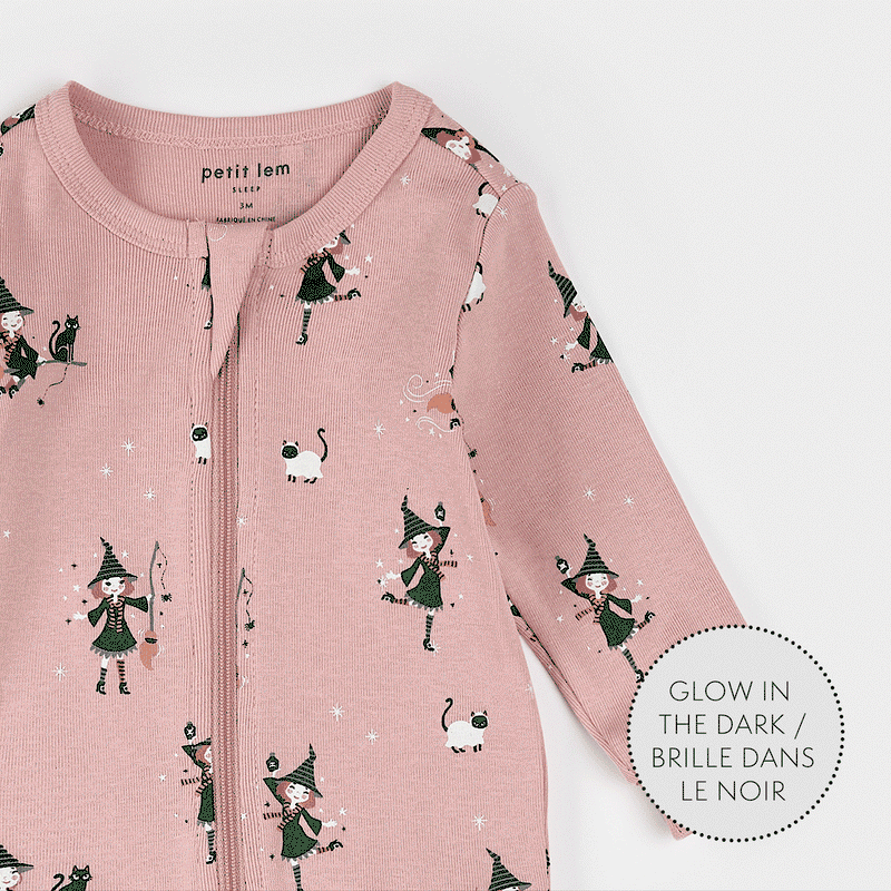 Witch Glow in the Dark Print on Pink Sleeper | Petit Lem-2