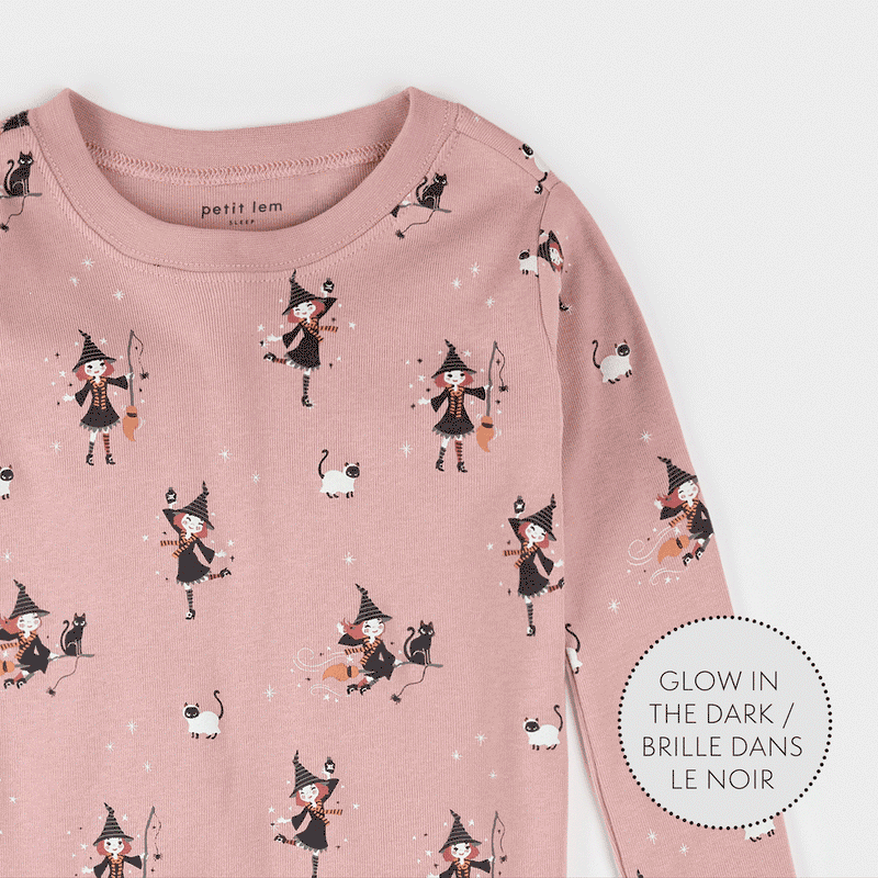 Witch Glow in the Dark Print on Pink PJ Set | Petit Lem-2