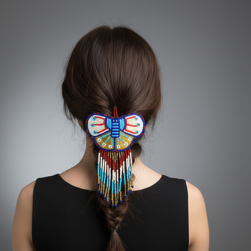Butterfly Beaded Barrettes with Fringes Blue & White-1