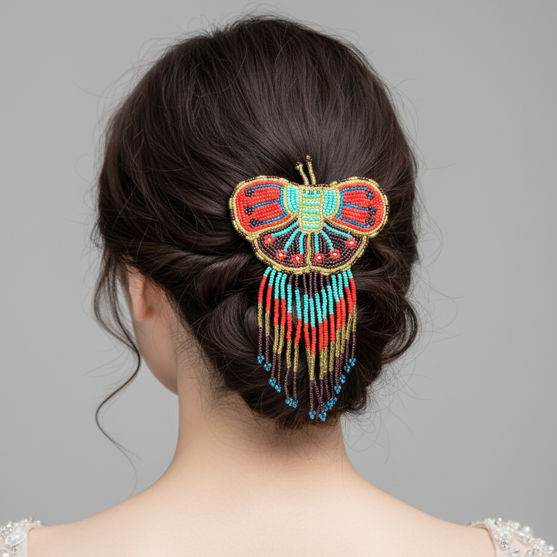 Butterfly Beaded Barrettes with Fringes Red & Purple-1