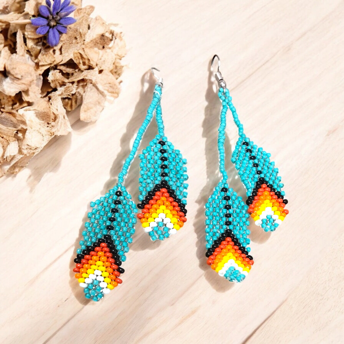 turquoises Beaded Feather Earrings-3